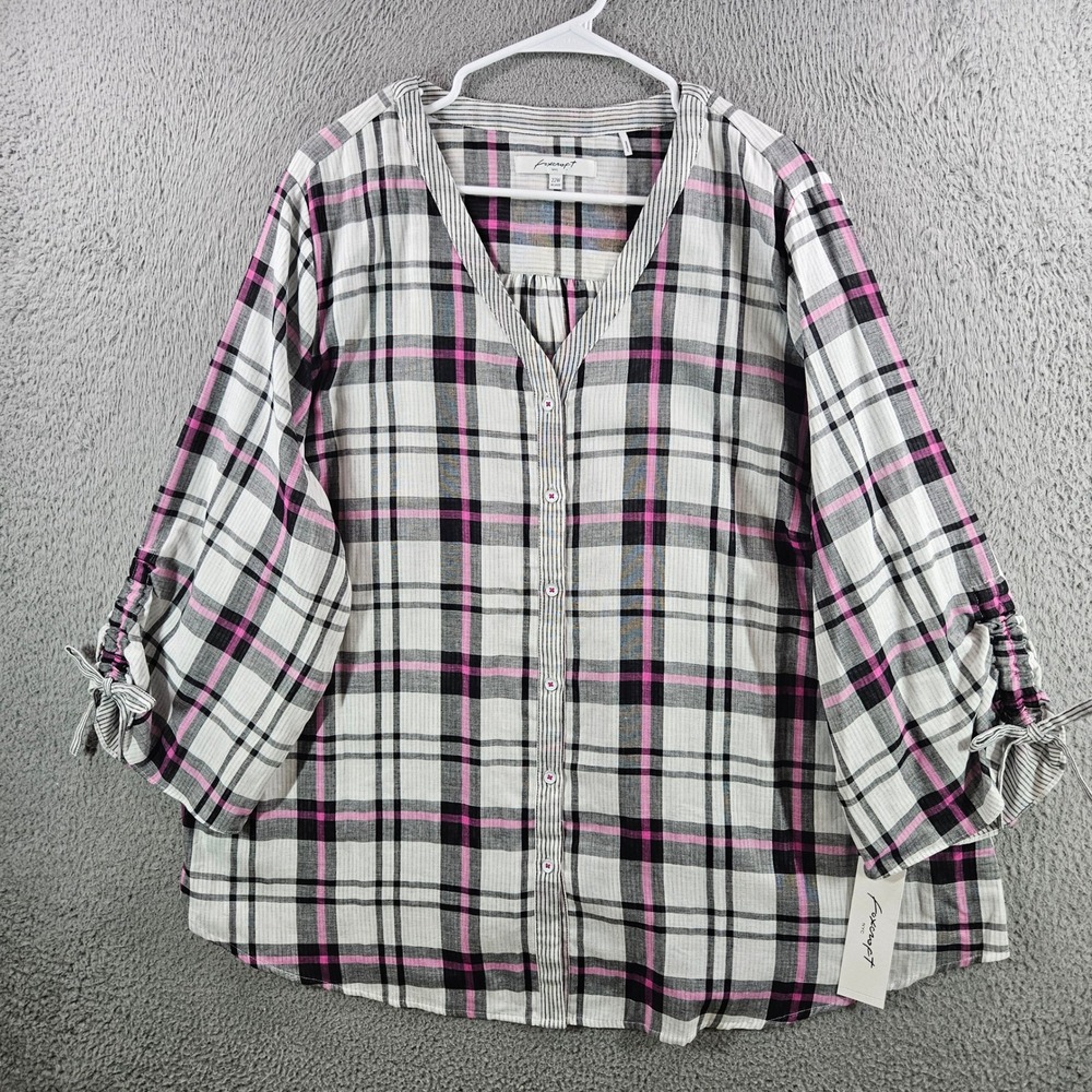 Foxcroft NYC Women 22W Relaxed Plaid Button Front Top Pink Black Cotton NWT NEW